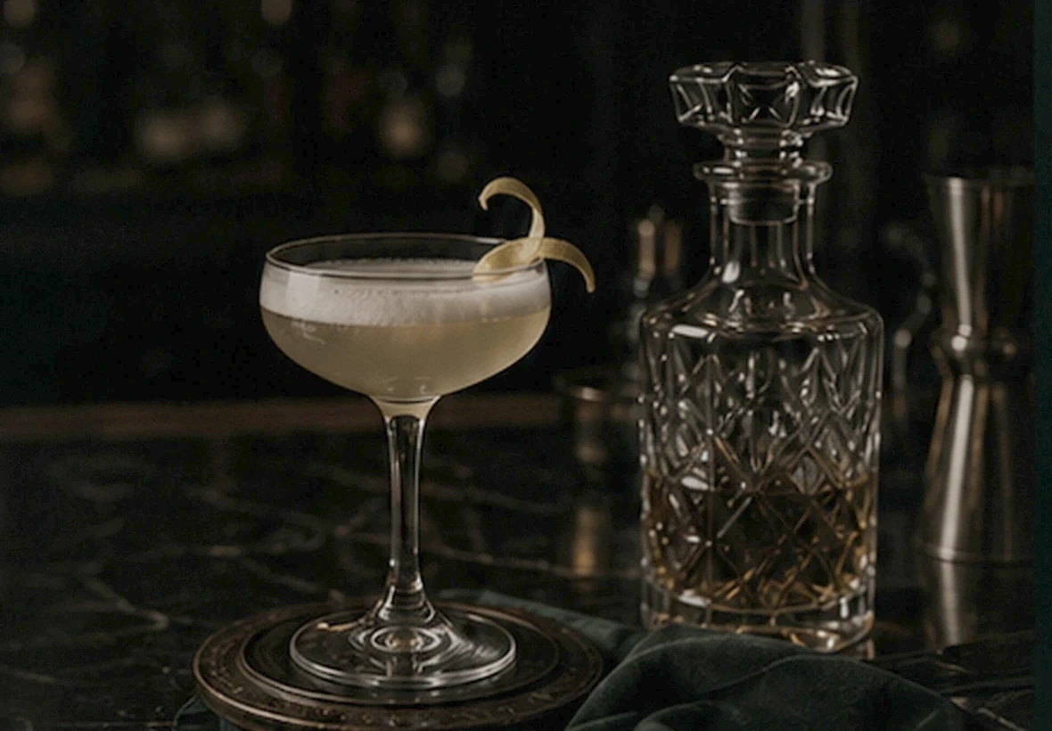 Cocktail and crystal decanter in moody Green Room lighting